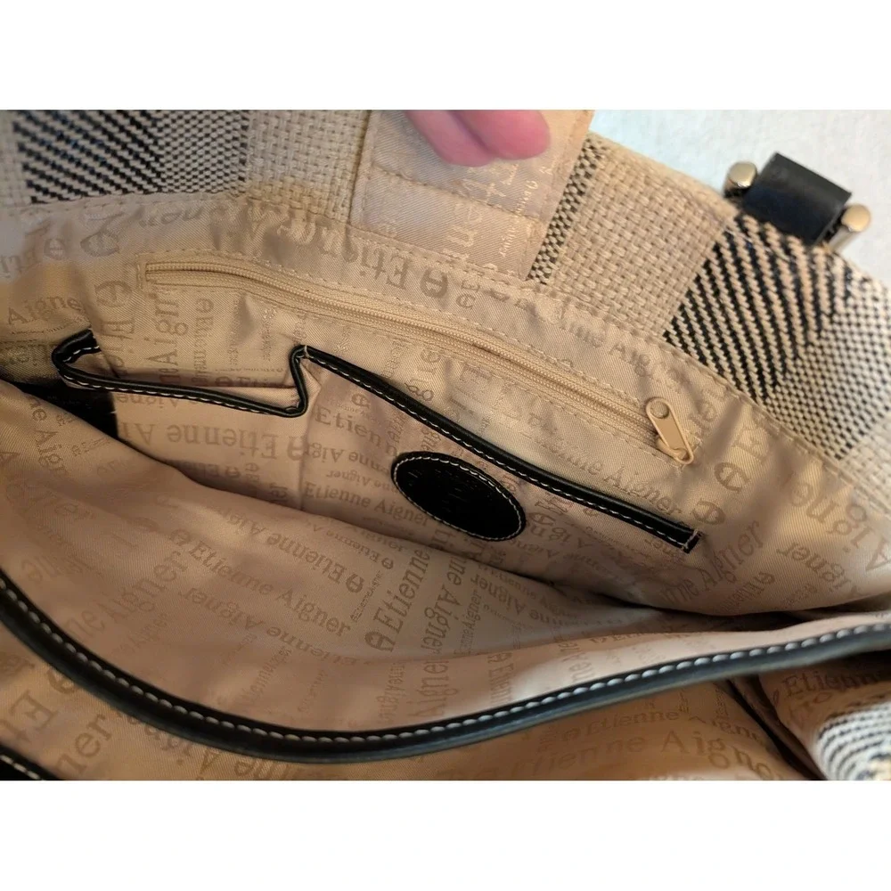 Etienne Aigner Linen Blend Shoulder Tote Bag Black Beige Leather Accents Women's